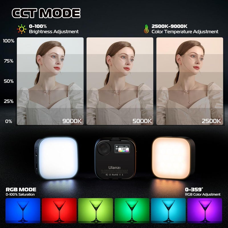 VIJIM ضوء الفيديو RGB Ulanzi U60، ضوء كاميرا LED محمول مع 360° لون CRI≥95 2500-9000K مصباح لوحة قابل للتعتيم، إضاءة تصوير LED بسعة 2500mAh مع محول حذاء بارد سريع الإطلاق ومشبك - أسود - Image 2